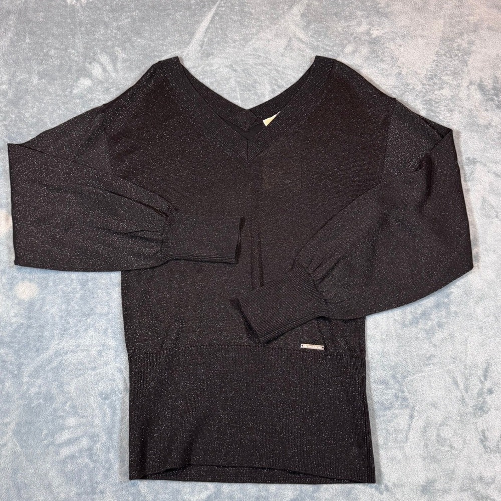 Michael Kors Metallic Puff Sleeve Sweater XS Black V-Neck MH86NU62A2